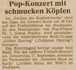 Golden Earring show announcement Hamburger Abendblatt September 10 1970 Hamburg - Stadtpark